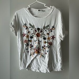 Stradivarius White Tee with Floral Embroidery